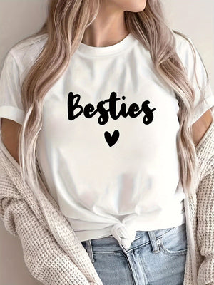 Womens Tees Besties Heart Printed White Cotton Tshirt, Cotton T Shirts For Women, Womens Shirts