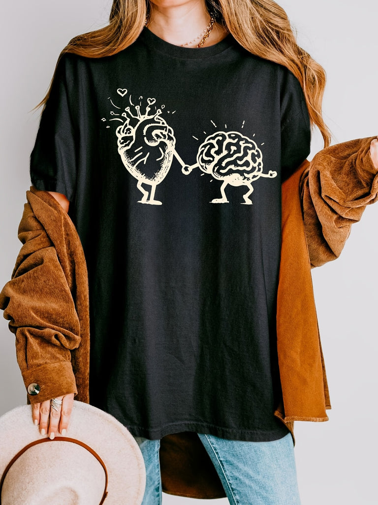 Women's Short Sleeve T Shirts Creative Black White Sketch Featuring Brain And Heart Illustration, Basic Tees Women, Cotton Shirts For Women