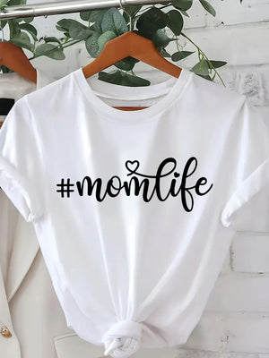 Womens T Shirts Momlife With Heart Script Black Text White Cotton Tshirt, Graphic Tshirts Women, Womens Graphic Tees Vintage