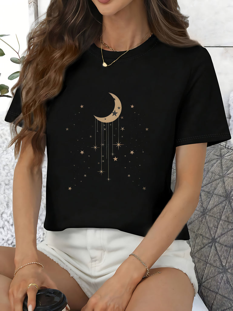 Vintage T Shirts Women Dreamy Night Sky With Crescent Moon Hanging Stars Tshirt, Womens Graphic Tees Vintage, Womens Tees