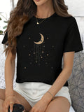 Vintage T Shirts Women Dreamy Night Sky With Crescent Moon Hanging Stars Tshirt, Womens Graphic Tees Vintage, Womens Tees