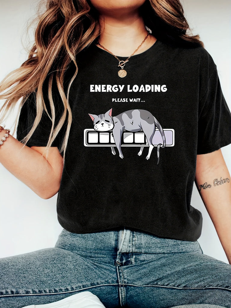 Womens White Tee Energy Loading Relaxed Cat Sleeping On Progress Bar Tshirt, Women T Shirt, Women's Short Sleeve T Shirts