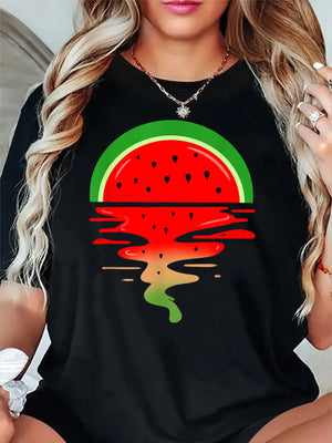 Black T Shirt Women Refreshing Summer Watermelon Slice With Melting Reflection On Black Shirt, Graphic Tees Women, Womens White Tee