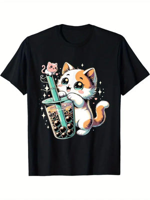 Women Tshirts Adorable Cat Playing With Bubble Tea Among Sparkling Stars Cartoon Cat, Funny T Shirts For Women, Vintage Shirts Women
