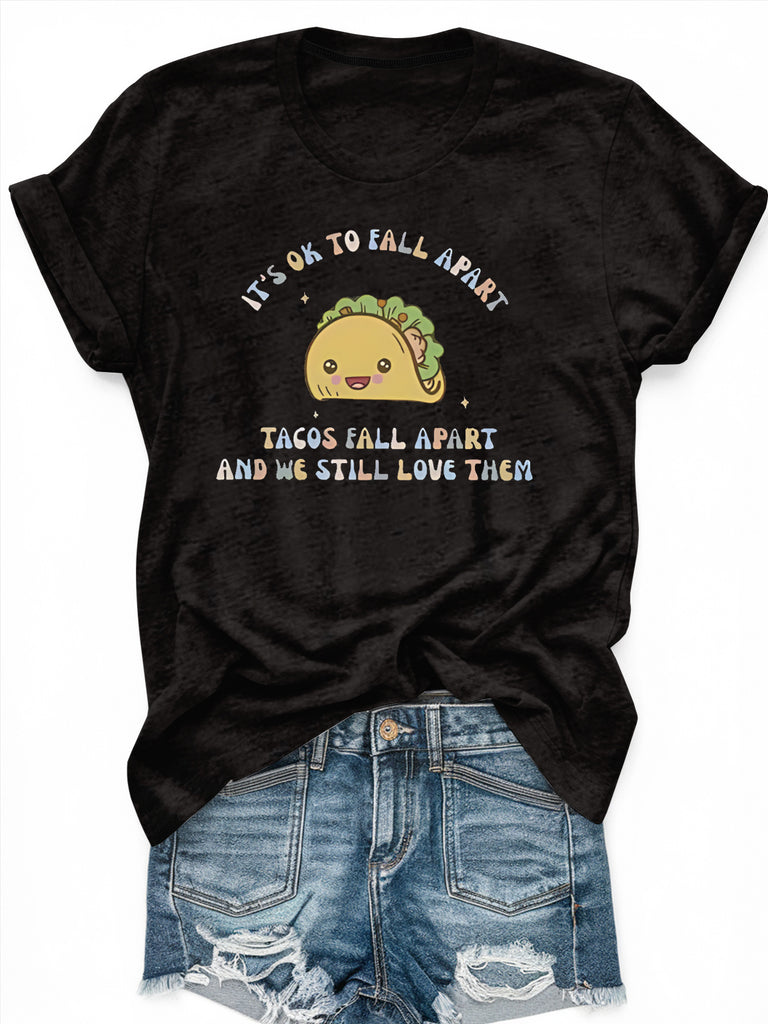 Blue Shirt Women Tacos With Smiling Cartoon Taco And Playful Text Tacos, Funny T Shirts For Women, Graphic Shirts For Women