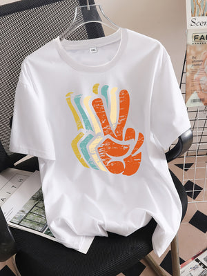 Vintage Shirts Women Bright Casual Colorful Peace Sign Graphic Shirt, Women's Short Sleeve T Shirts, Black T Shirt Women