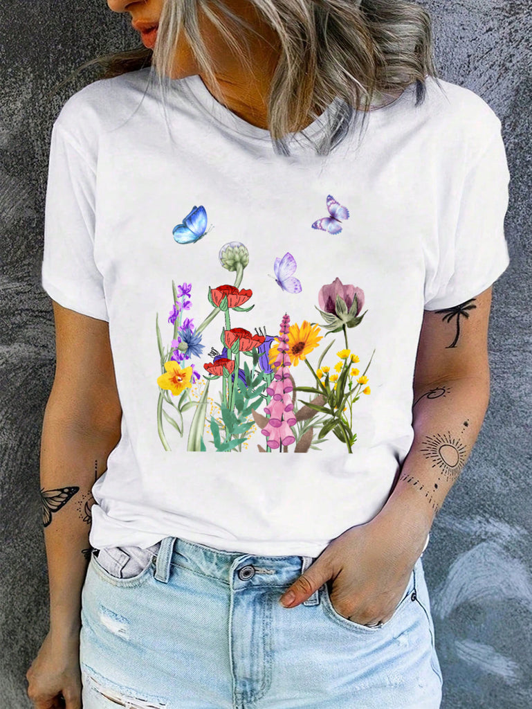 Womens T Shirts Colorful Flowers With Fluttering Butterflies Among Green Leaves T Shirt, White Cotton Shirt Women, Shirt For Women