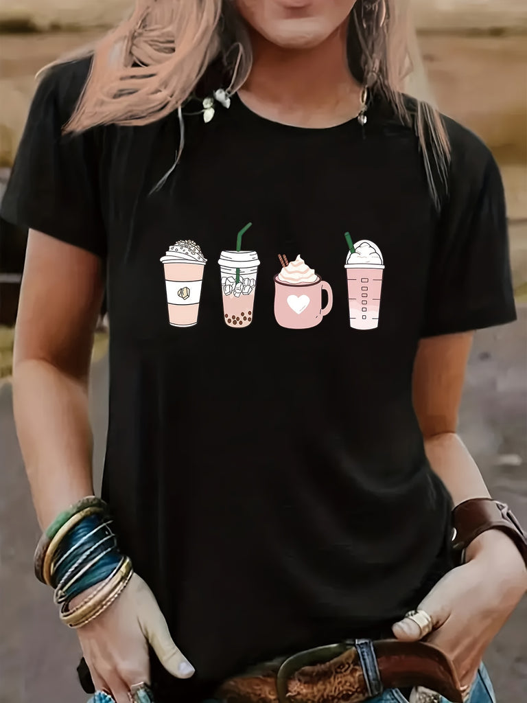 Womens Graphic T Shirts Cute Pastel Styled Coffee Cups And Teapot T Shirt, Black T Shirt Women, Grey T Shirt Womens