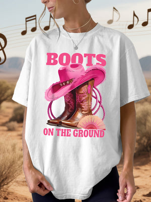 Womens Graphic Tees Vintage Boots On The Ground Pink Cowboy Hat And Leather Boots, Cotton Shirts For Women, Black T Shirt Women