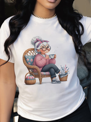Red T Shirt Women Elderly Woman Sitting Relaxed Drinking Tea With Knitting Basket Chair, Blue Shirt Women, Women's Short Sleeve T Shirts