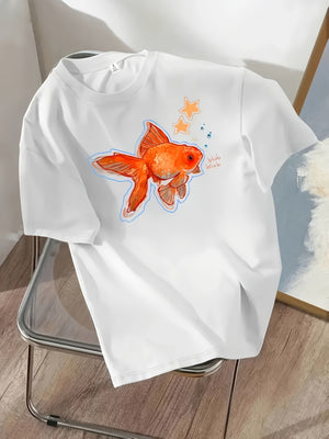 Womens Graphic T Shirts Bright White Shirt With Vibrant Orange Goldfish And Small Blue Stars Fish, 100 Cotton T Shirts For Women, Women T Shirt