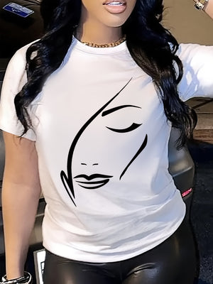 Red T Shirt Women Elegant Minimalist Black Line Drawing Featuring A Female Face T Shirt, Womens T Shirts, Womens Shirts