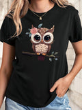 White Cotton Shirt Women Adorable Cartoon Owl Sitting On Branch With Flowers And Big Eyes Owl, Graphic Tshirts Women, 100 Cotton T Shirts For Women