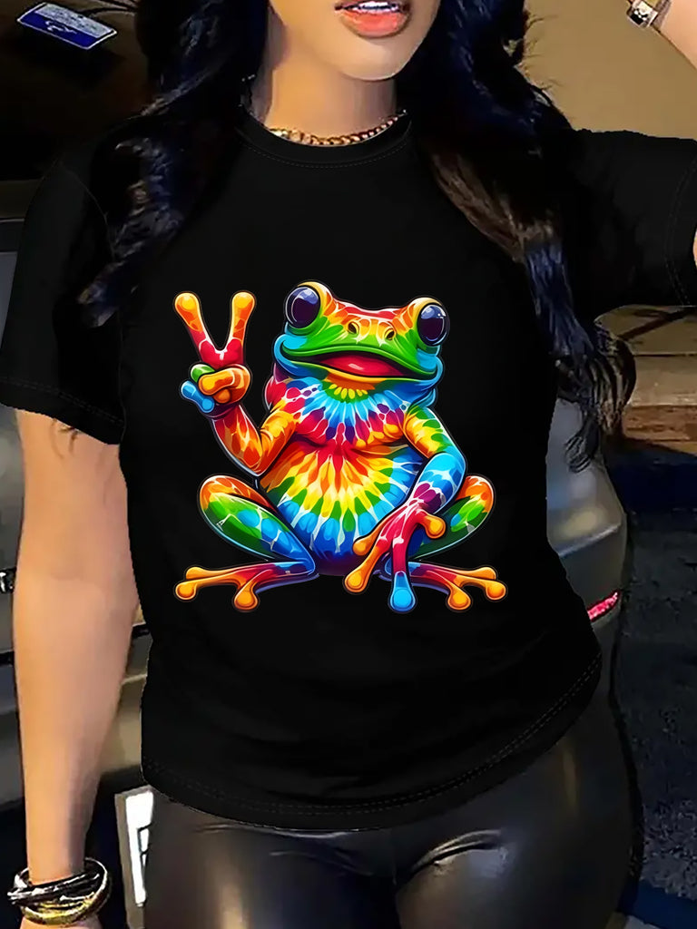 Blue Shirt Women Colorful Vibrant Psychedelic Pattern Featuring Peace Sign Frog, Black T Shirt Women, 100 Cotton T Shirts For Women