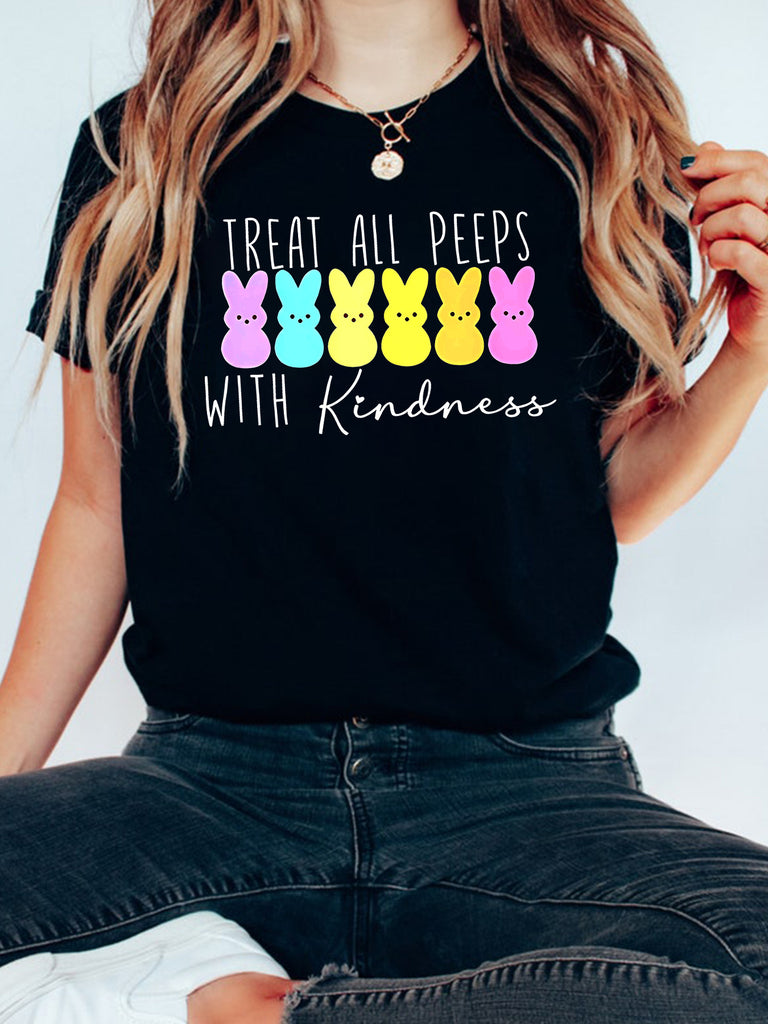 Womens Grinch Shirt Treat All Peeps With Kindness Cute Colorful Bunny Row On Black Shirt, Womens Night Shirts, Womens White Tee