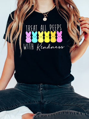 Womens Grinch Shirt Treat All Peeps With Kindness Cute Colorful Bunny Row On Black Shirt, Womens Night Shirts, Womens White Tee