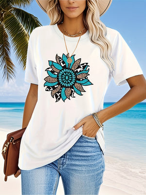 Womens Shirts Intricate Blue And Black Floral Pattern On Casual Cotton T Shirt, Womens T Shirts, Basic Tees Women