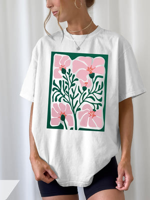 Women's Short Sleeve T Shirts Delicate Pink Flowers With Green Leafy Stems On Soft Background Flower, Womens Graphic Tees Vintage, Black T Shirt Women
