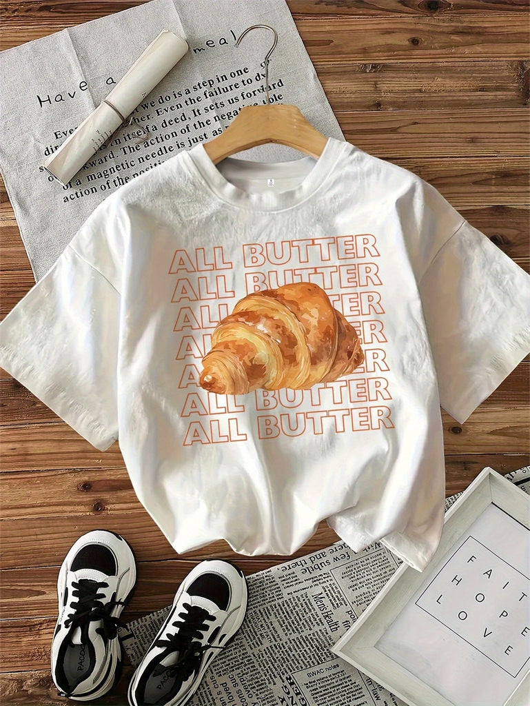 Vintage T Shirts Women All Butter Text With Golden Fresh Croissant Bread, Womens Graphic Tees Vintage, Pink Shirt Womens