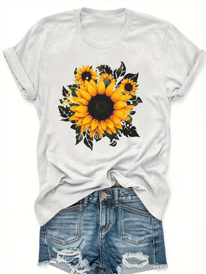 Cotton T Shirts For Women Bright Yellow Sunflowers With Detailed Leaves On Soft White Fabric T Shirt, Womens Graphic Tees Vintage, Womens T Shirts
