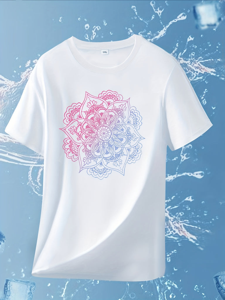 White Cotton Shirt Women Intricate Pink And Blue Gradient Mandala Pattern Design With Curved Floral White T Shirt, Womens Graphic Tshirts, Funny Shirts For Women
