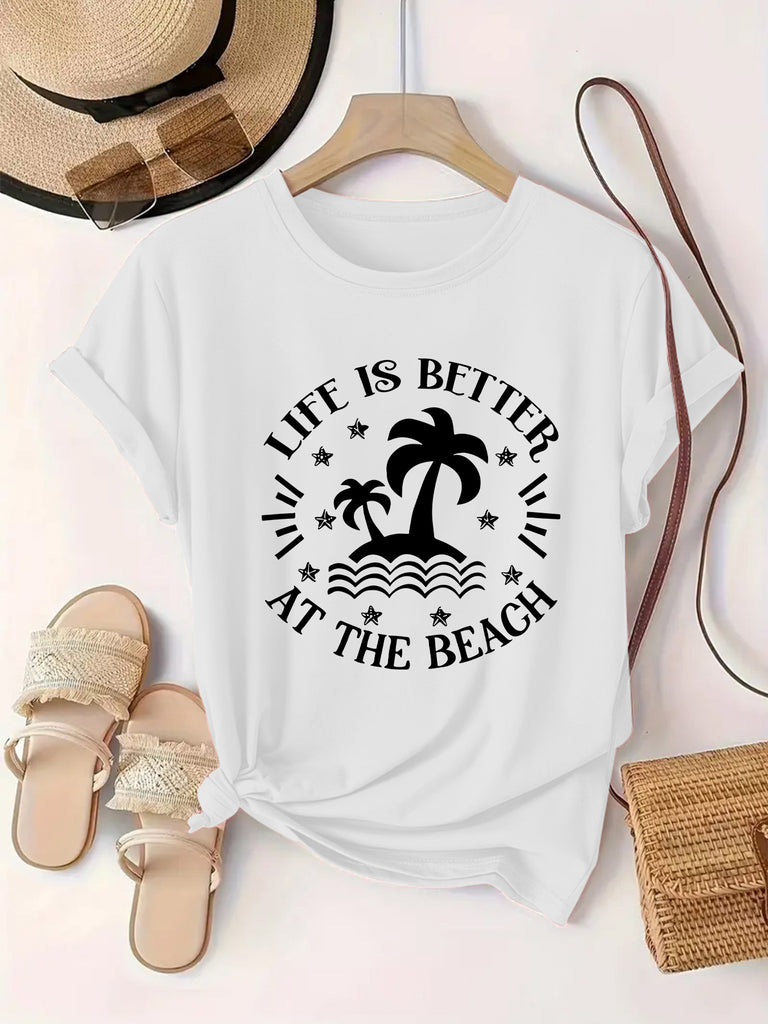 Women Tshirts Life Is Better With Palm Tree Ocean Waves And Seagulls T Shirt, Cute Graphic Tees For Women, Basic Tees Women
