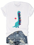 Womens Graphic T Shirts Colorful Books Stacked With Happy Dinosaurs On White T Shirt, Funny T Shirts For Women, Pink Shirt Womens