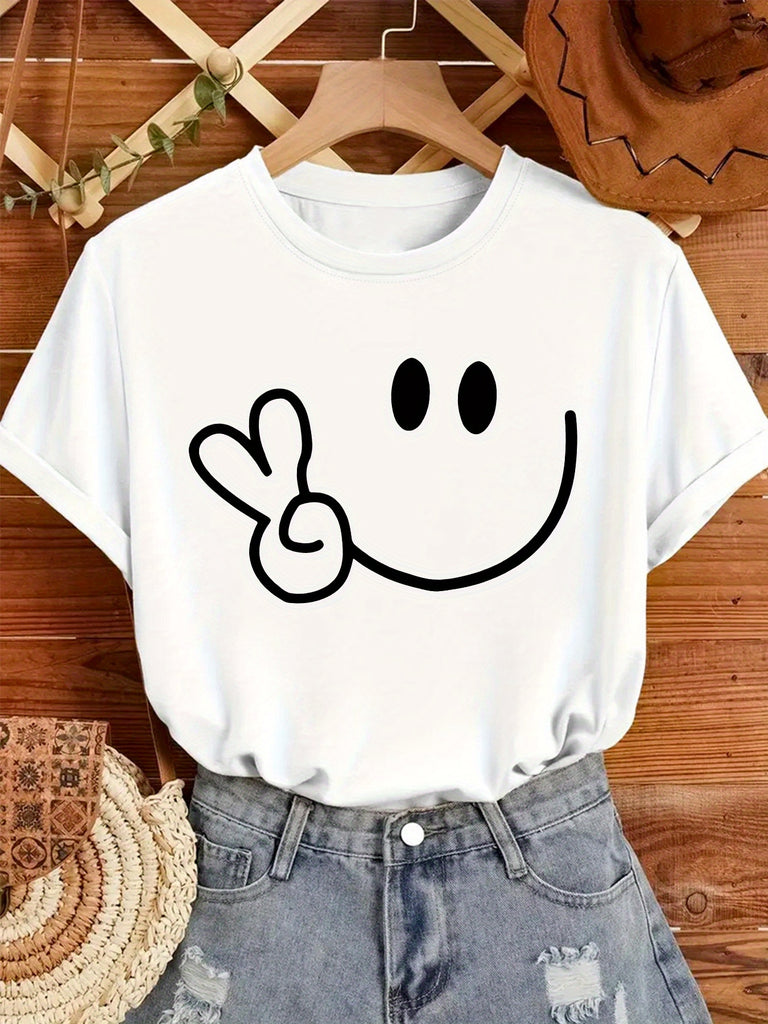 Vintage Shirts Women Playful Smile With Peace Hand Gesture On Soft Cotton Tshirt, White Cotton Shirt Women, Womens Shirts
