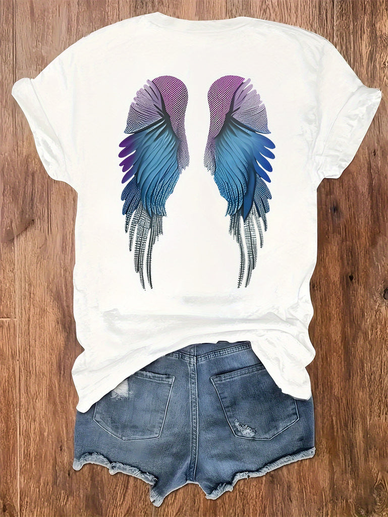 Womens Tees Colorful Feathered Wings With Gradient Blue And Purple Feathers Wing, Womens White Tee, Red T Shirt Women
