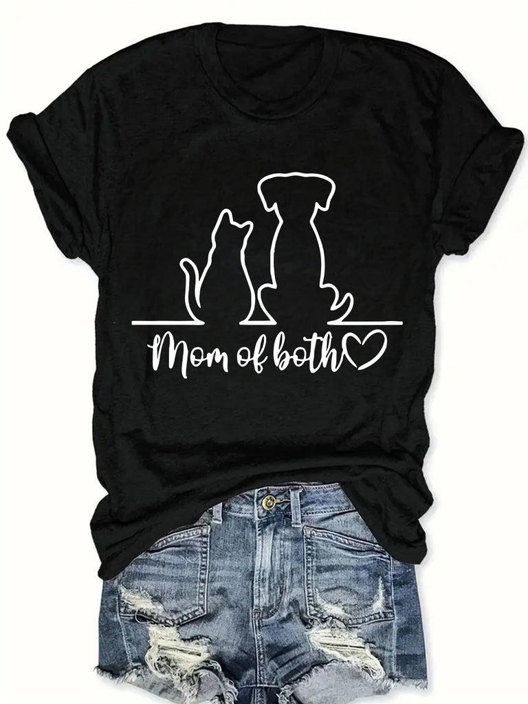 White Cotton Shirt Women Mom Of Both Silhouetted Sitting Dog And Cat On Line Tshirt, Funny T Shirts For Women, Graphic Tshirts Women