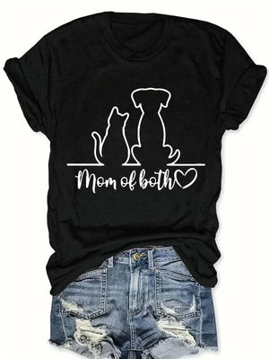 White Cotton Shirt Women Mom Of Both Silhouetted Sitting Dog And Cat On Line Tshirt, Funny T Shirts For Women, Graphic Tshirts Women