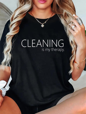 Womens Shirts Cleaning Is My Therapy Simple Bold Text On Solid Background T Shirt, Cute T Shirts For Women, Women's Short Sleeve T Shirts
