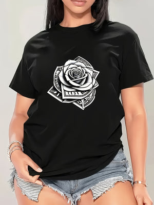 Vintage T Shirts Women Intricate Black And White Rose With Detailed Lines Flower, Women Tshirts, Cotton Shirts For Women