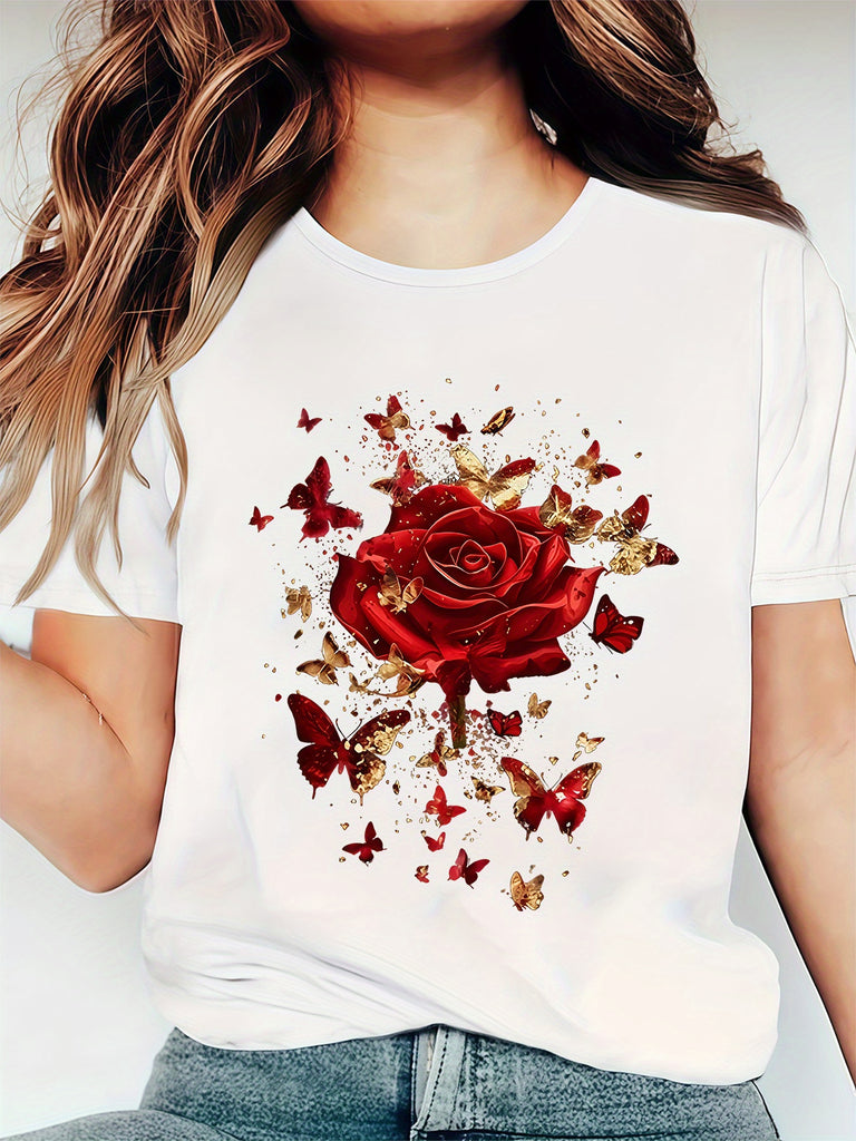 White Cotton Shirt Women Red Rose Surrounded By Fluttering Butterflies On White Tshirt, Womens Graphic Tees Vintage, Pink Shirt Womens