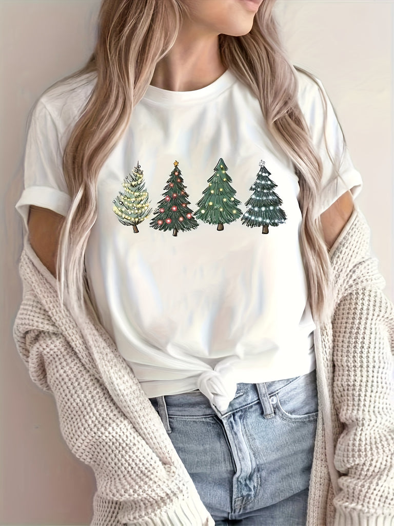 Women Tshirts Decorative Pattern With Three Ornamented Conical Evergreen Trees, Cute Graphic Tees For Women, 100 Cotton T Shirts For Women