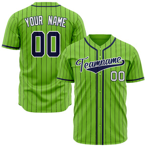 Custom Neon Green Baseball Jersey (With Navy Black Pinstripe)