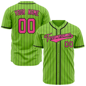 Custom Neon Green Baseball Jersey (With Pink Black Pinstripe)