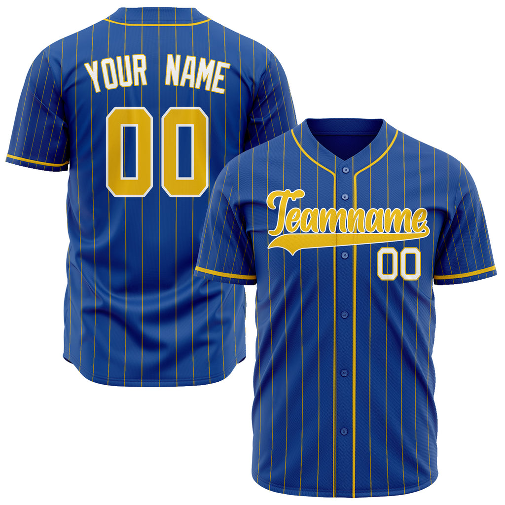 Custom Royal Baseball Jersey (With Gold Gold Pinstripe)