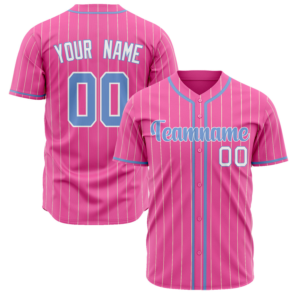 Custom Pink Baseball Jersey (With Light Blue Cream Pinstripe)