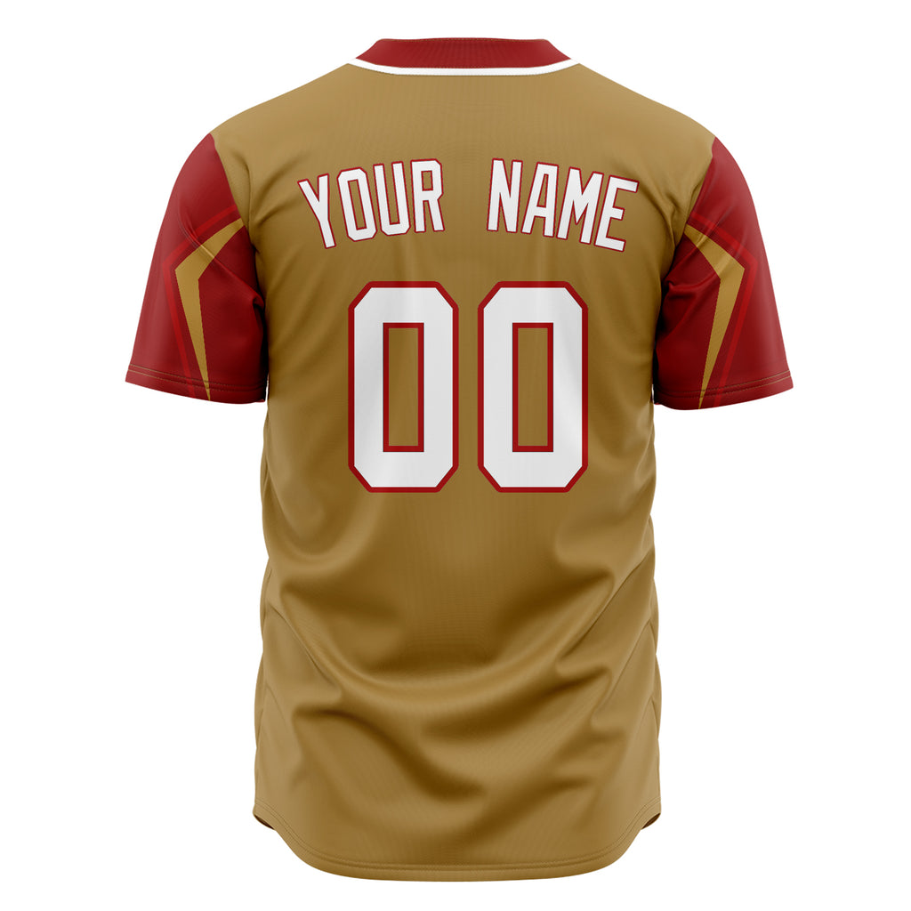 Custom Old Gold Baseball Jersey (With Red 3 Colors Arm Shapes)