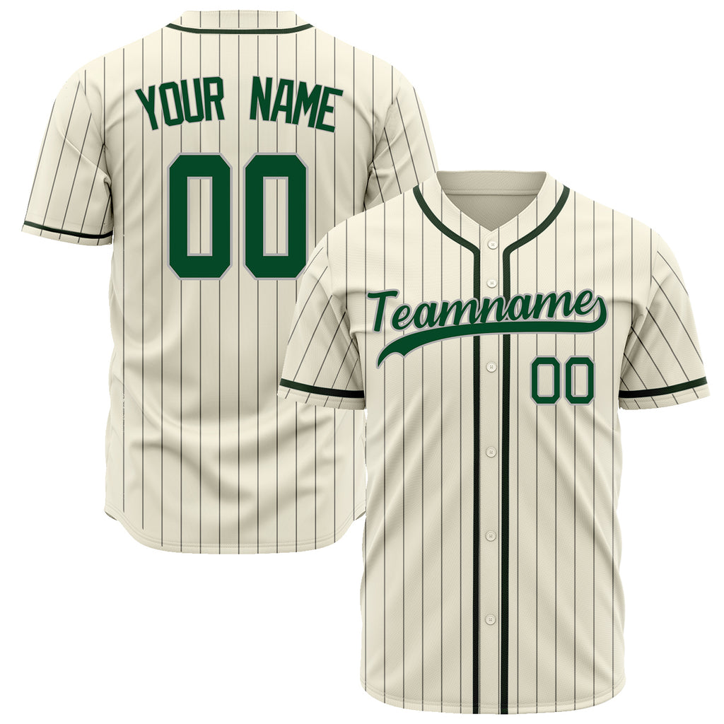 Custom Cream Baseball Jersey (With Green Gray Pinstripe)