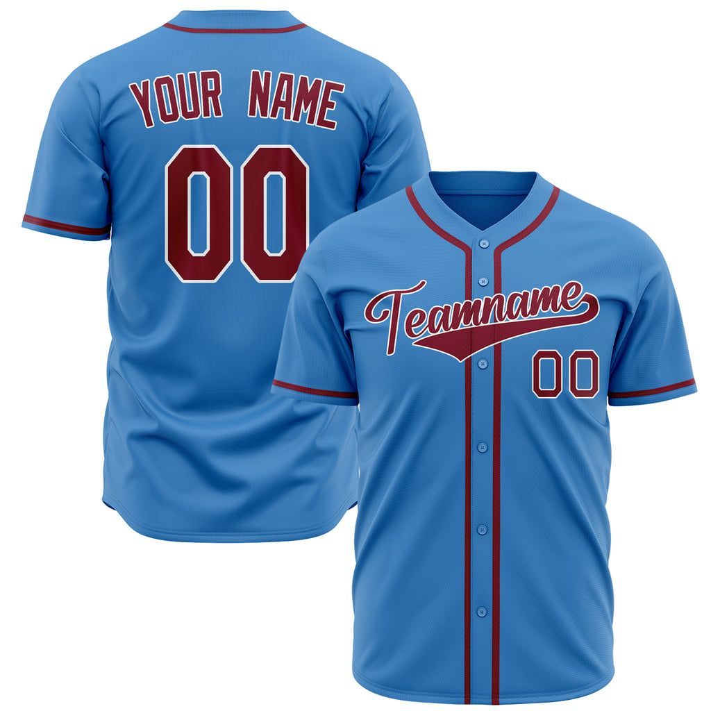 Custom Powder Blue Baseball Jersey (With Crimson Color)