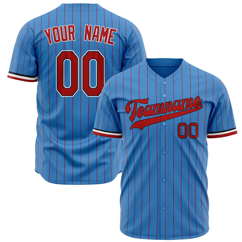 Custom Powder Blue Baseball Jersey (With Red Red Pinstripe)