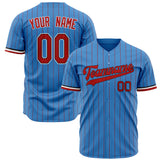 Custom Powder Blue Baseball Jersey (With Red Red Pinstripe)