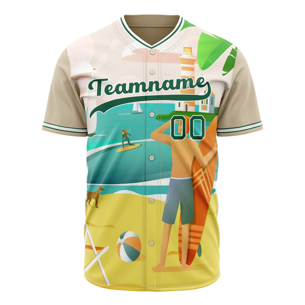 Custom Sand Baseball Jersey (With Kelly Green 3D Pattern Tropical Beach Hawall Palm Trees)