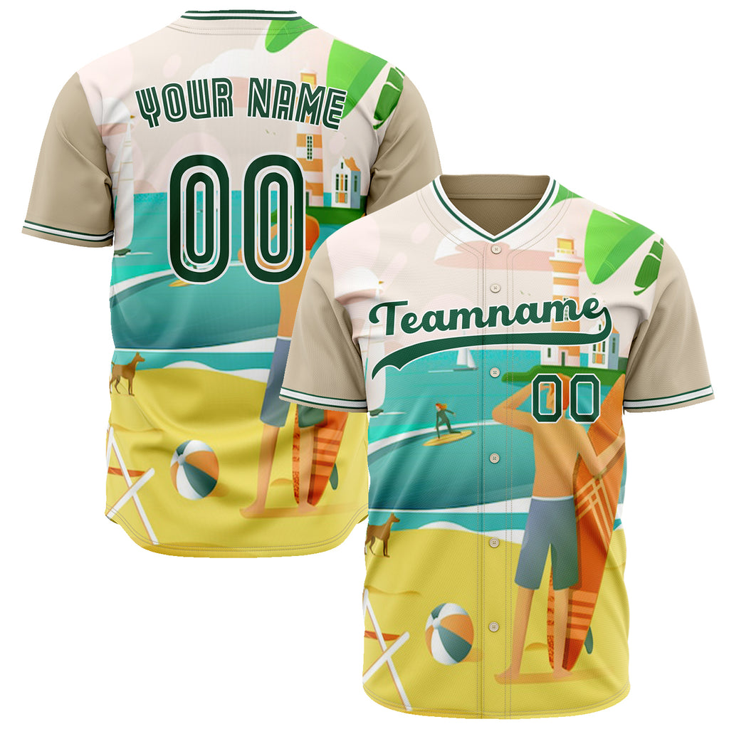 Custom Sand Baseball Jersey (With Kelly Green 3D Pattern Tropical Beach Hawall Palm Trees)