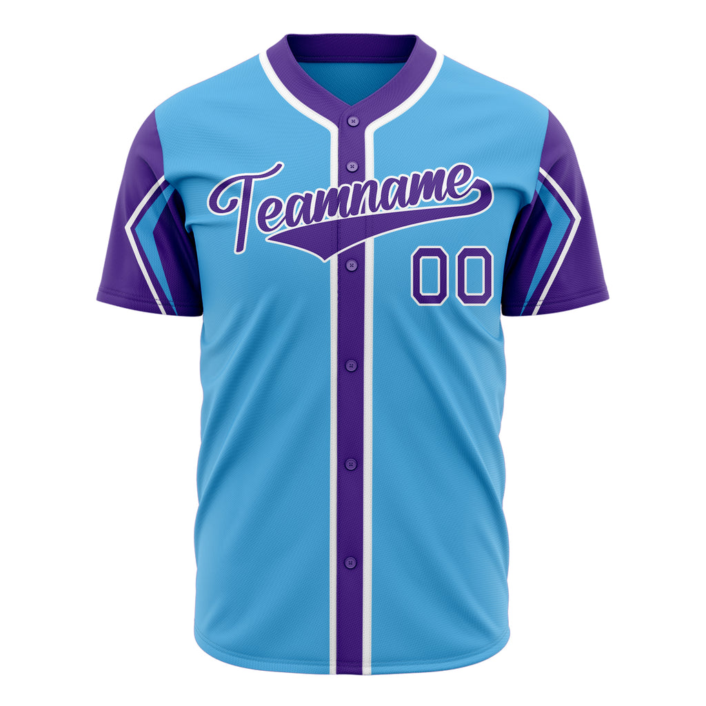 Custom Sky Blue Baseball Jersey (With Purple 3 Color Arm Shapes)