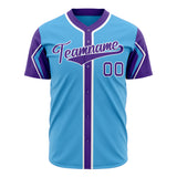 Custom Sky Blue Baseball Jersey (With Purple 3 Color Arm Shapes)