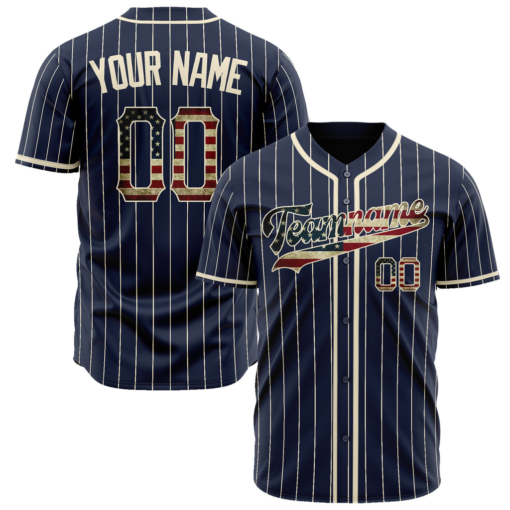 Custom Navy Baseball Jersey (With Cream Vintage USA Flag)