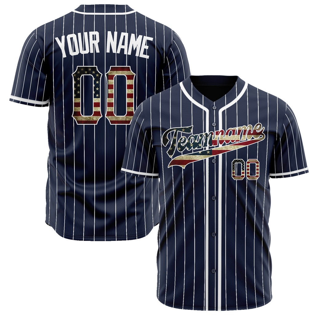 Custom Navy Baseball Jersey (With White Vintage USA Flag)